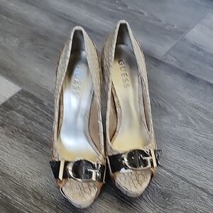 Guess Tan Textured Peep-Toe Heels